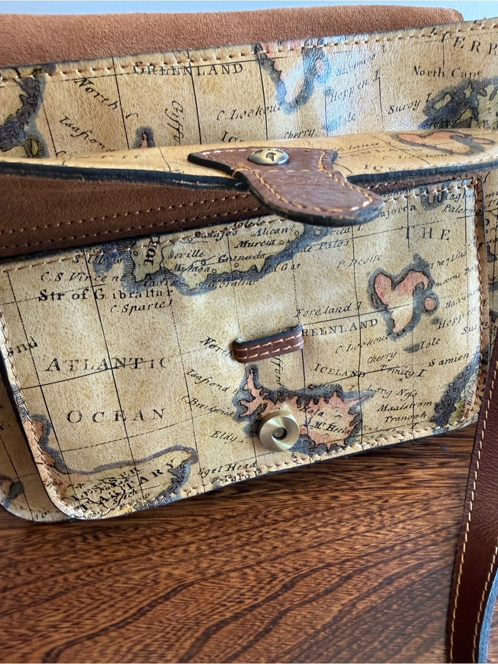 Patricia Nash Old World European Map Print Tan Crossbody Bag with Leather Trim - Picture 4 of 10